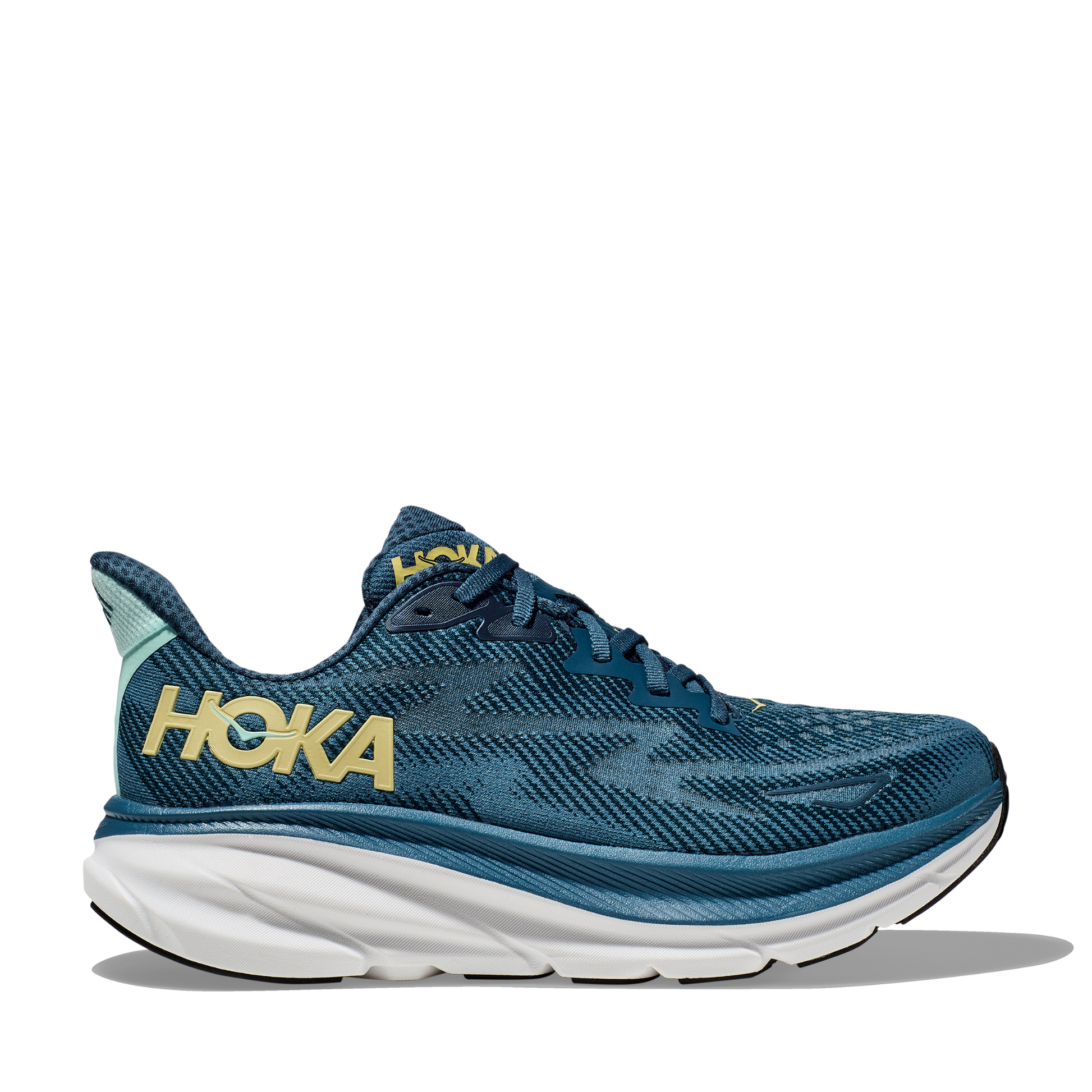 Tenis Running HOKA Clifton 9 Hombre Azul con Amarillo | Outdoor Adventure Colombia