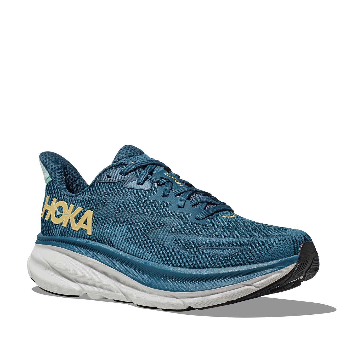 Tenis Running HOKA Clifton 9 Hombre Azul con Amarillo | Outdoor Adventure Colombia